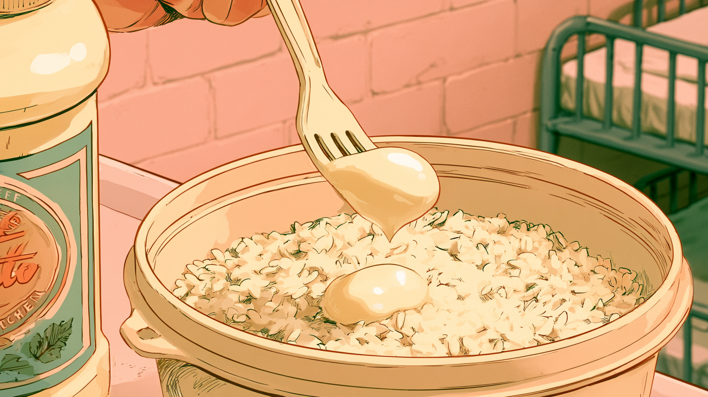 A spork lowering mayo into rice — the commissary cook's gesture