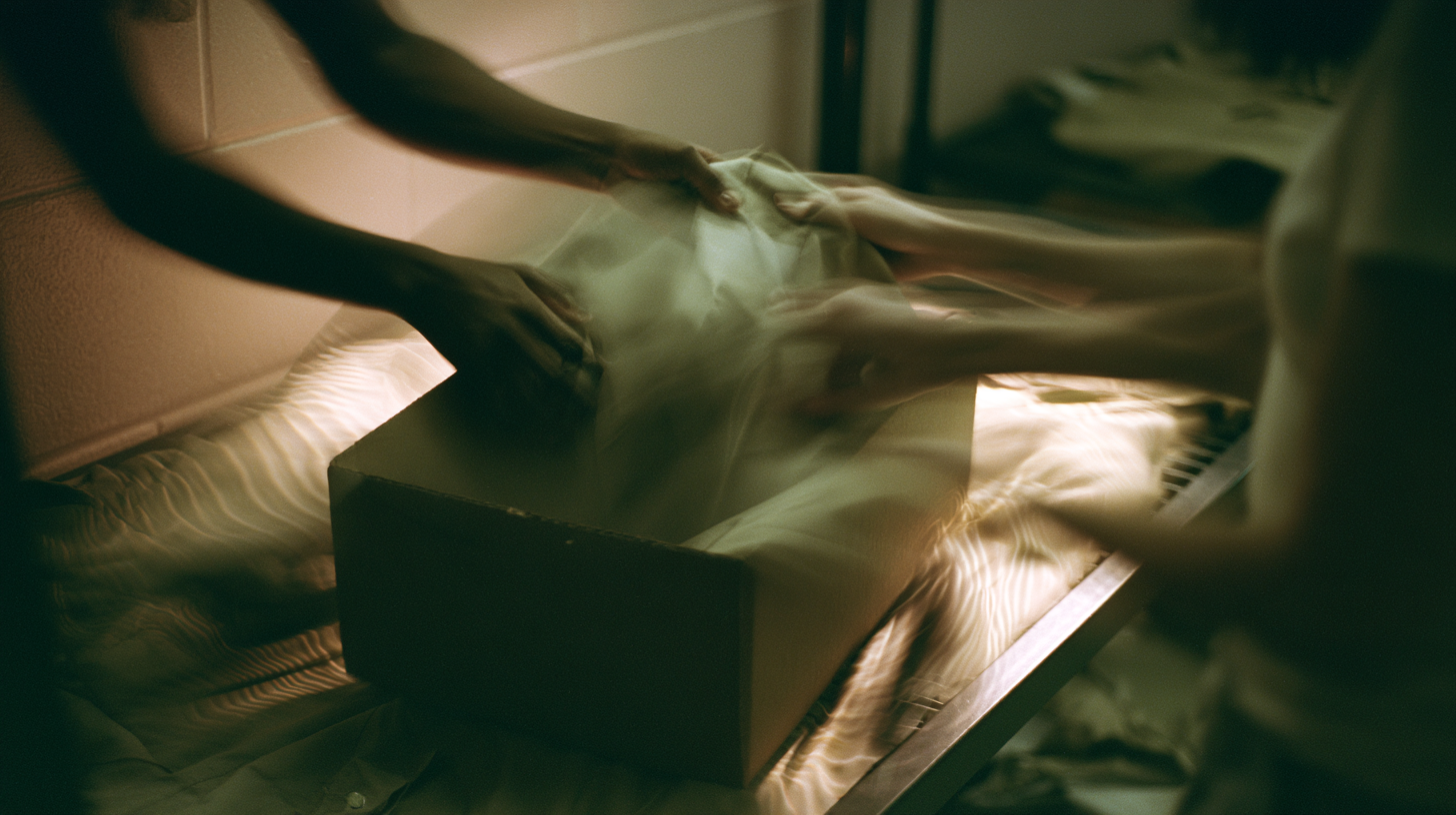 Hands folding clothes into a box — concentric rings of departure