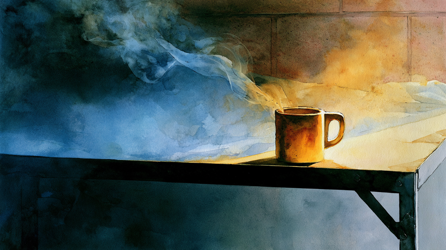 A preset coffee mug catching dawn light on the prison bunk