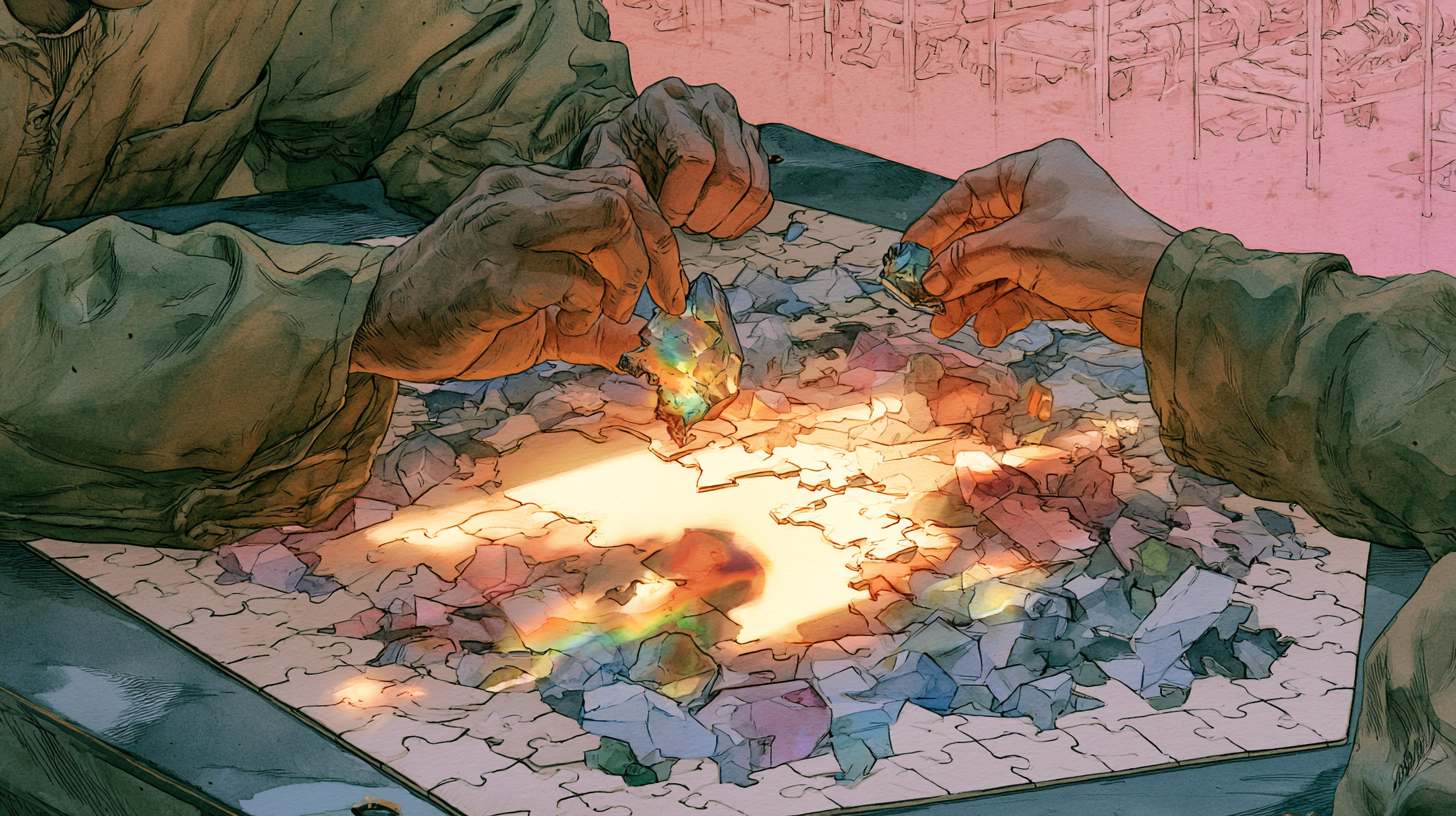 Two pairs of hands holding a crystal puzzle piece that casts a prismatic rainbow