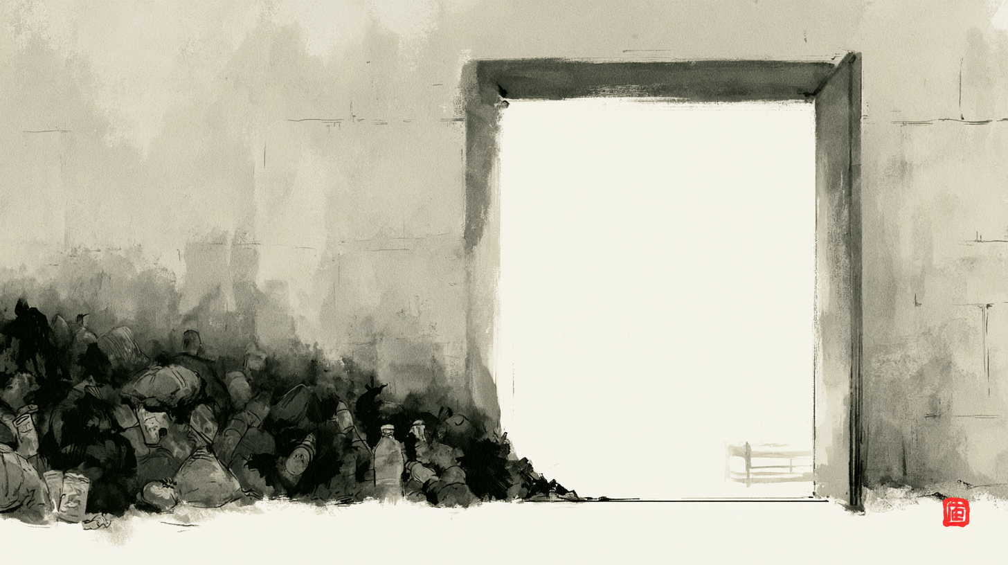 A dark ink tide of belongings stopped at a dorm doorway, white emptiness beyond
