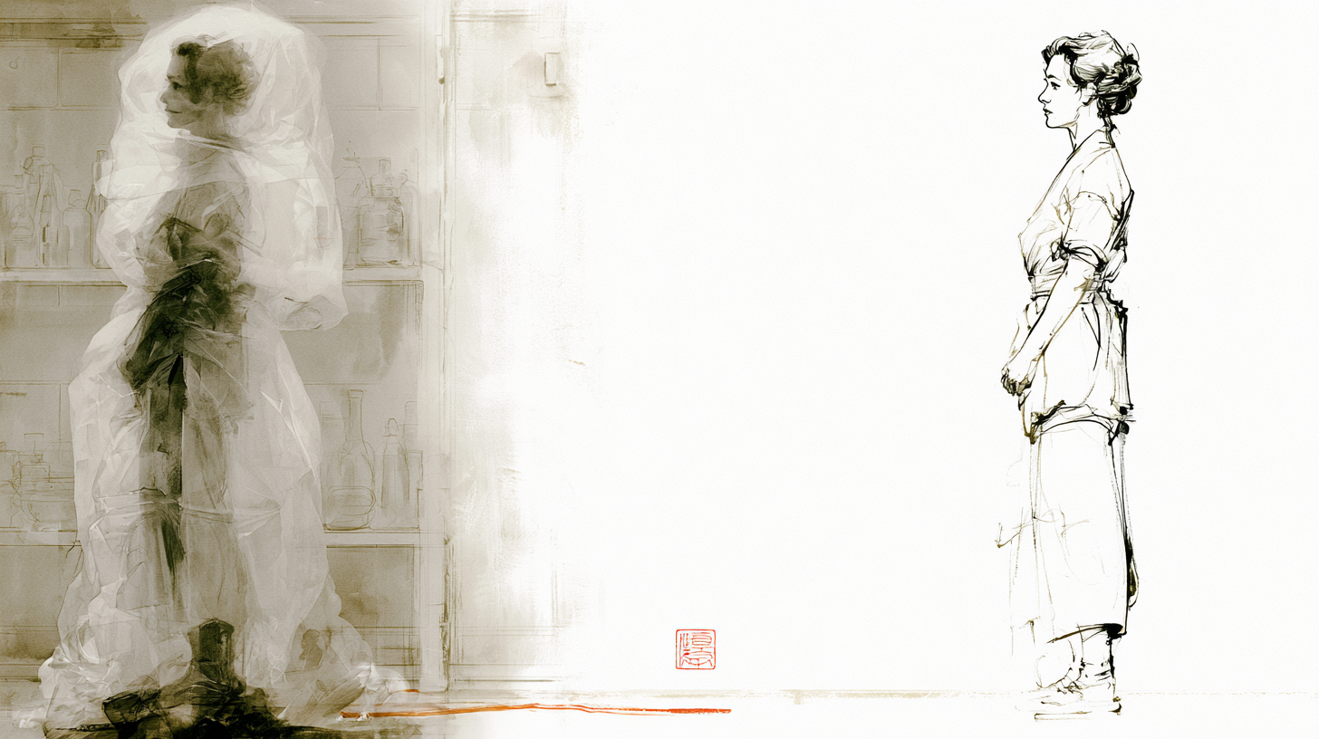 The same woman twice — ghost-blurred and muffled at left, drawn in one clean line at right