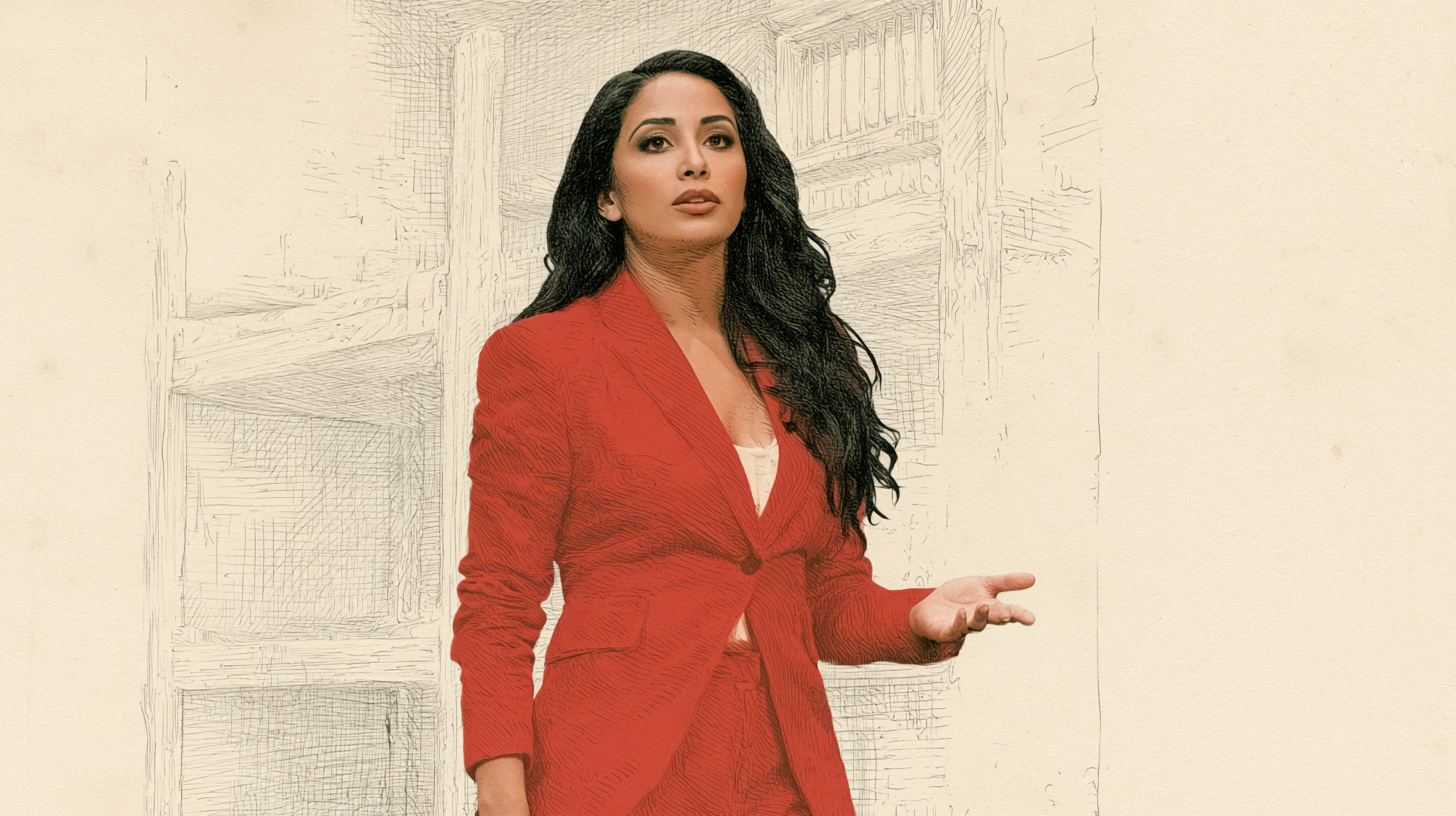 A Latina woman in a red power suit center-stage, the ghost of the prison dorm dissolving behind her