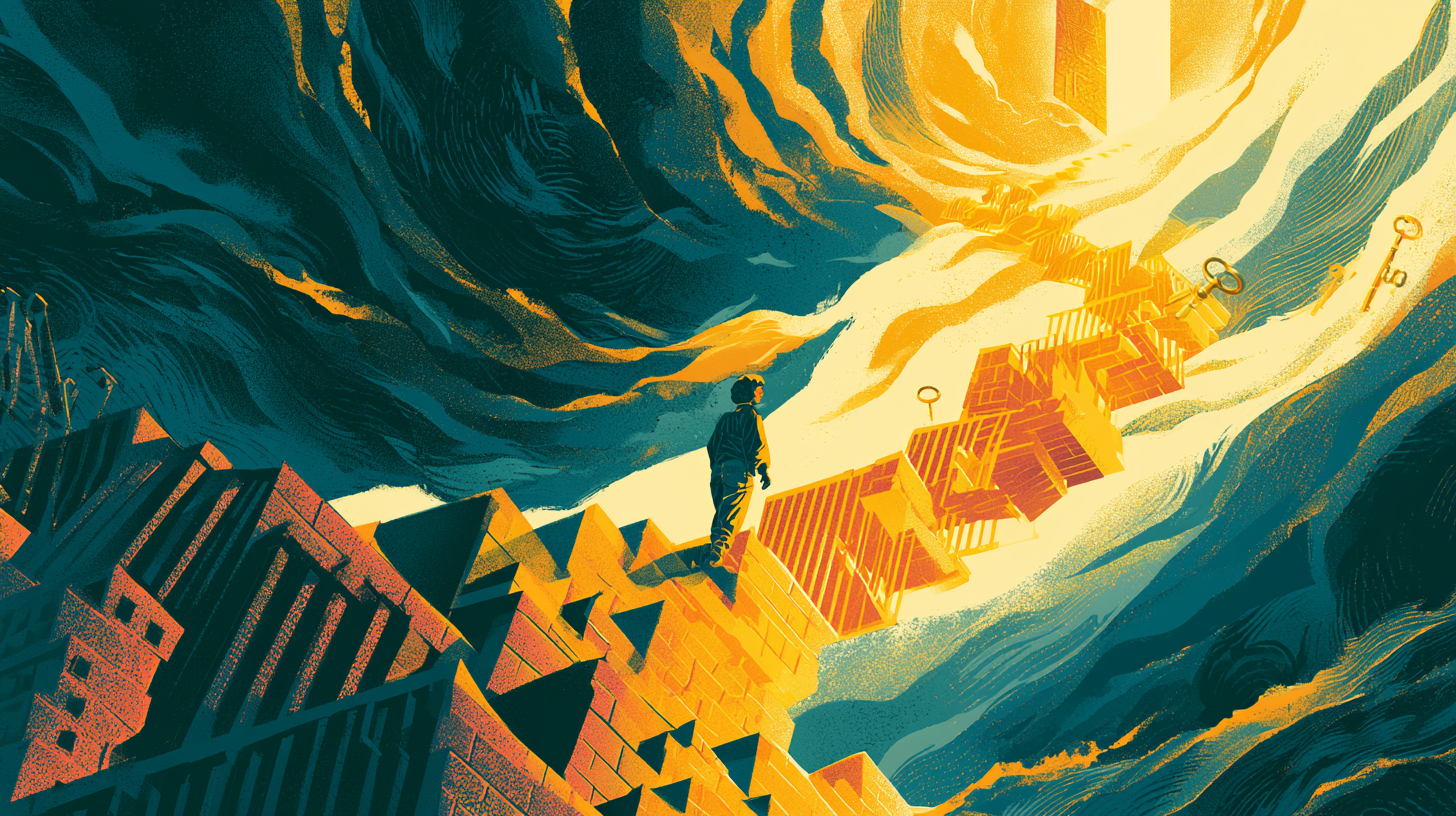 Woman at the base of a golden staircase of impossible obstacles, looking up with a small smile