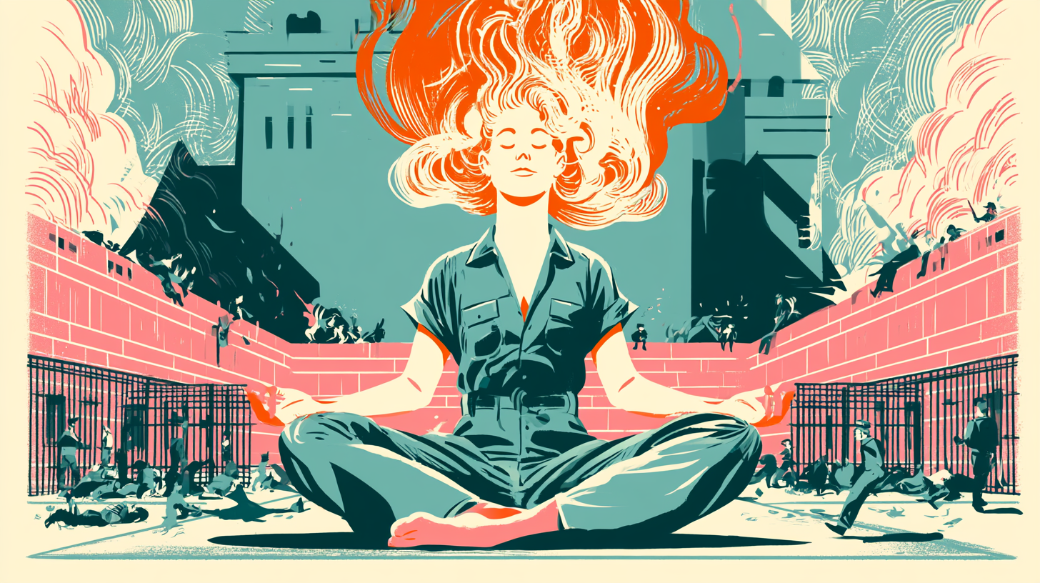 Woman in lotus with crown of living fire, prison chaos diminished around her