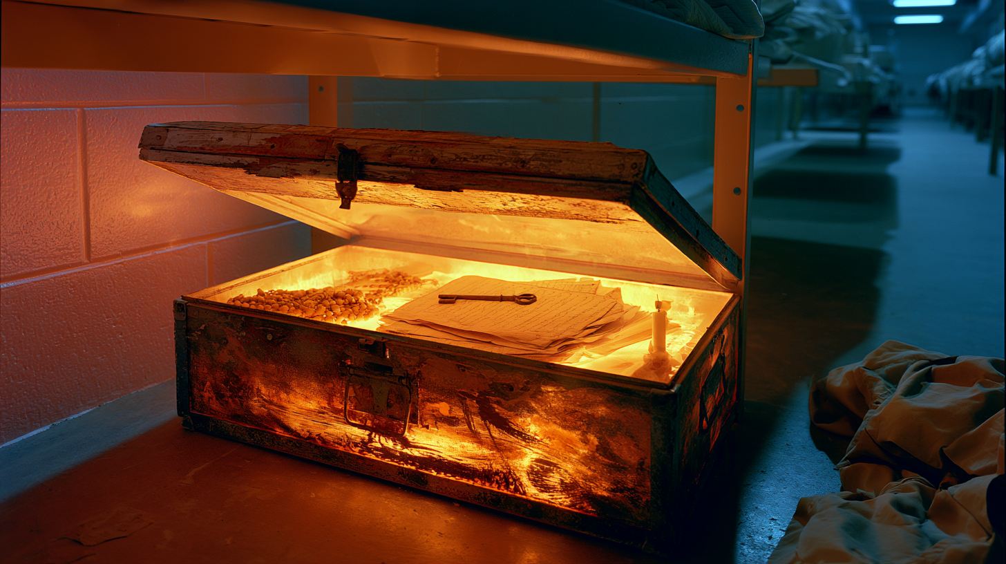 An open footlocker blazing with golden light under a prison bunk
