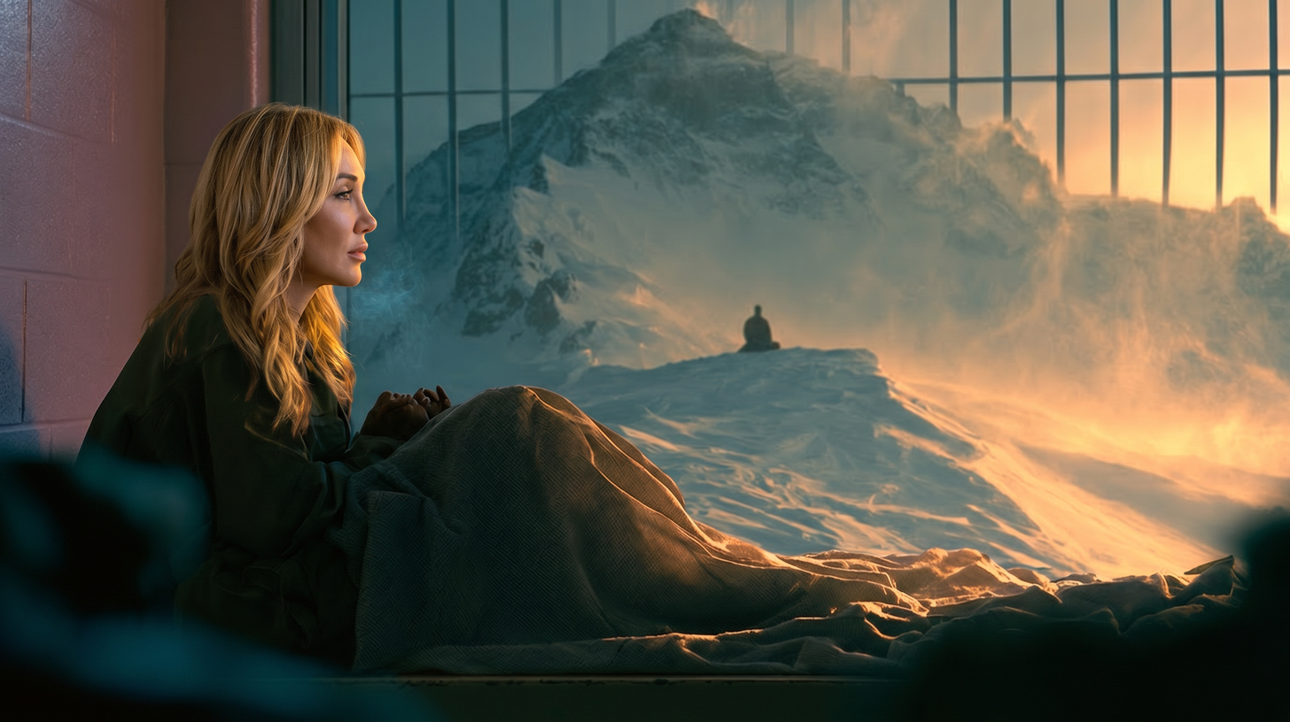 A woman wrapped in a blanket on her bunk; through the barred window, a Himalayan blizzard with a tiny meditating monk