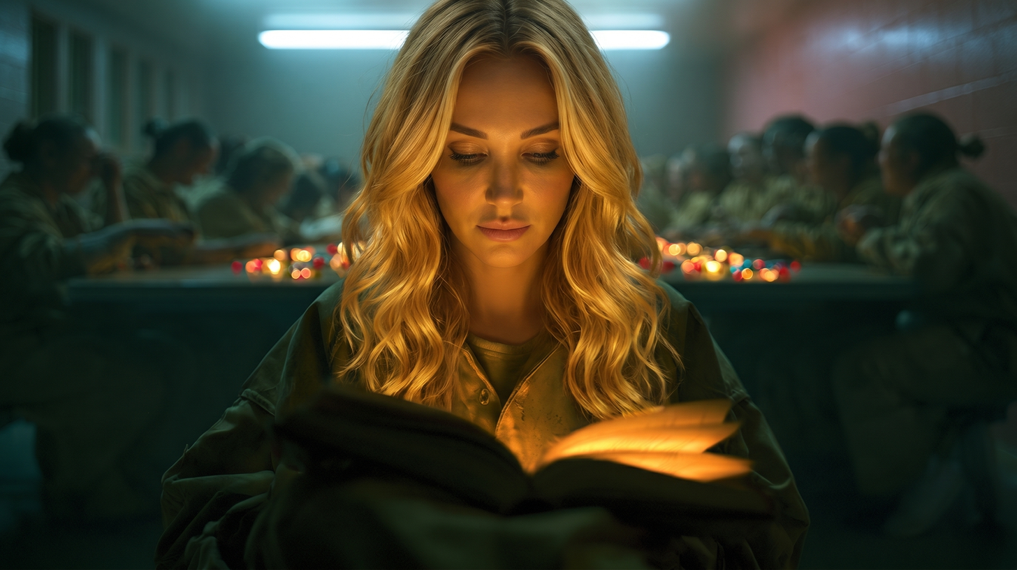 A woman reads a glowing book while women play bingo for candy behind her