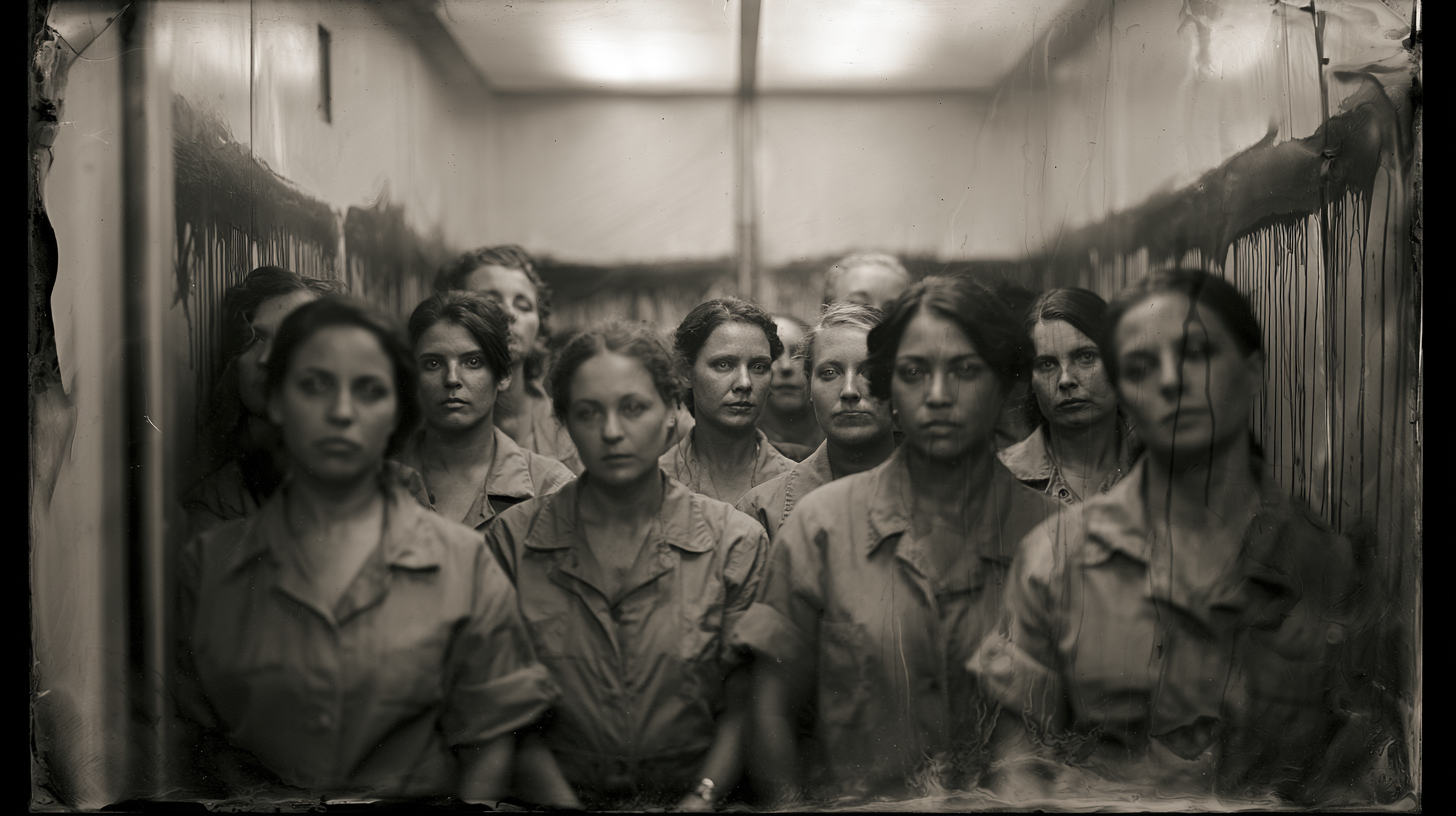 Women in khaki stand shoulder to shoulder in a prison elevator, a dark tide line staining the walls above them