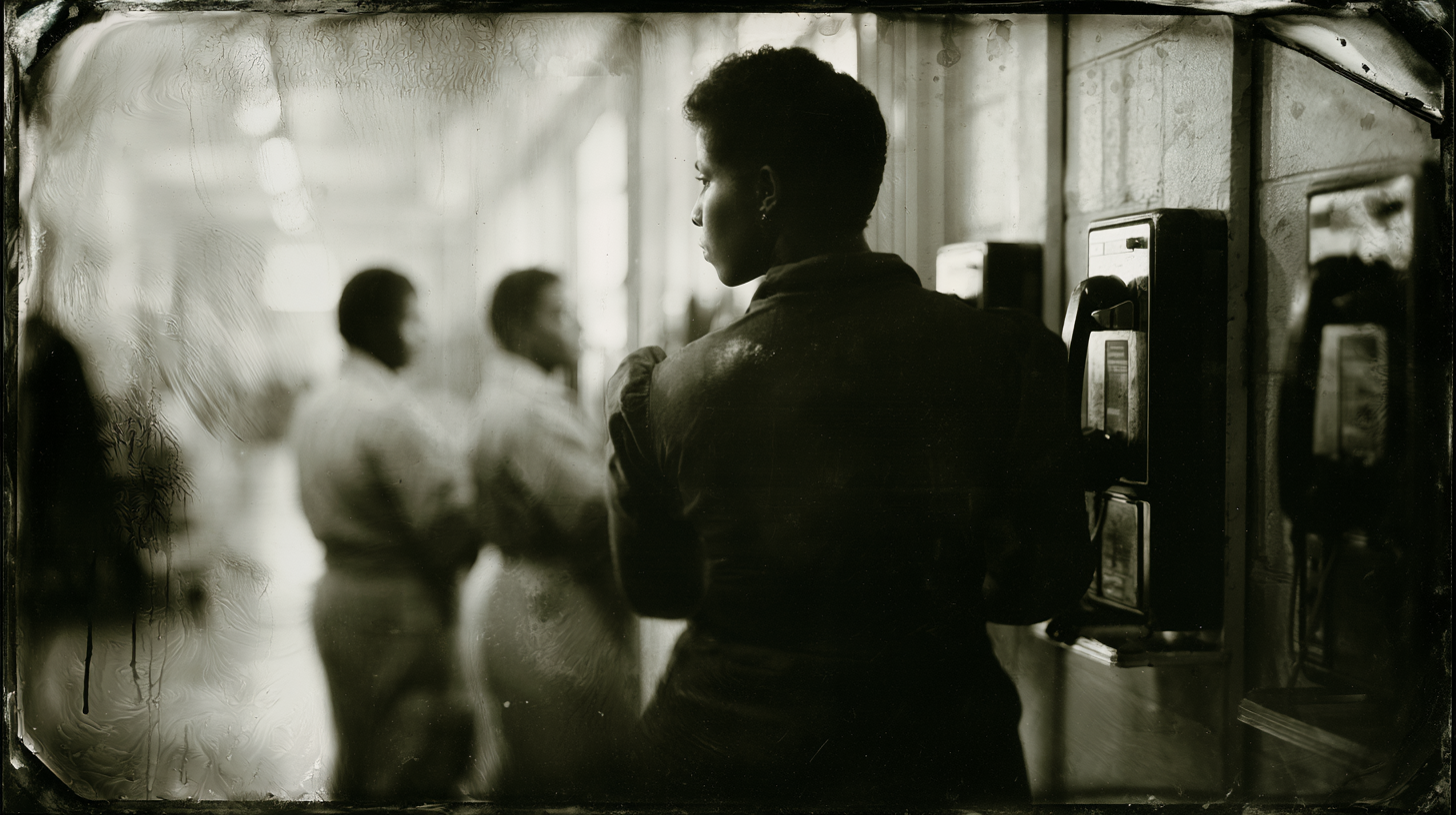 A woman with a protector's build stands guard by the prison phones, warm gold light blooming from her into the silver dorm