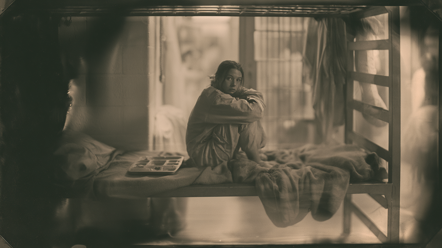 A thin young woman sits alone on a prison bunk, her image pale and fading at the edges, an untouched tray beside her