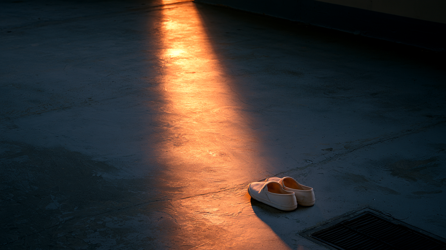 A column of amber light on an institutional concrete floor, empty slip-ons at its edge
