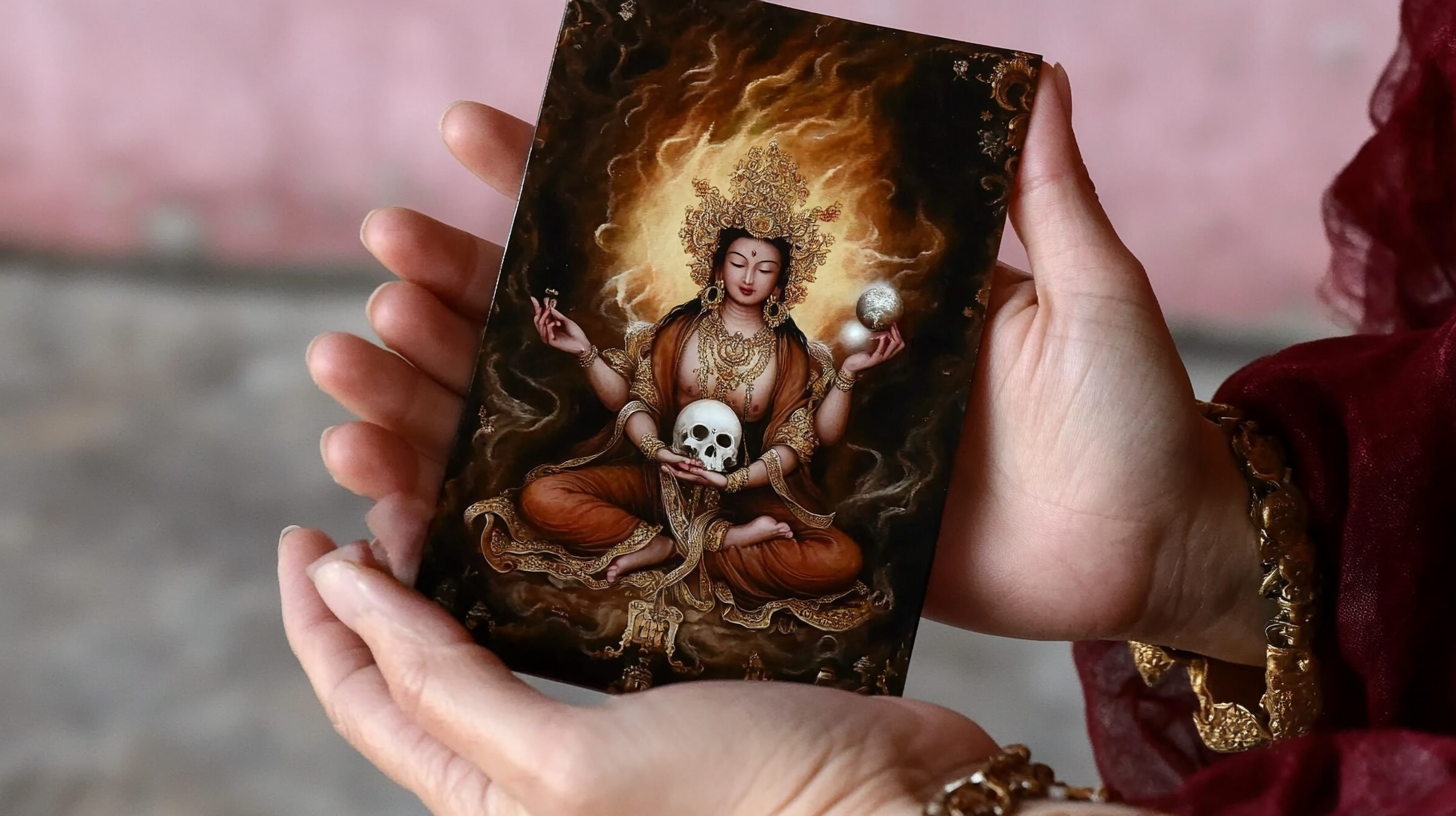 Hands holding a hand-painted Vajrayogini birthday card covered in tiny handwritten notes