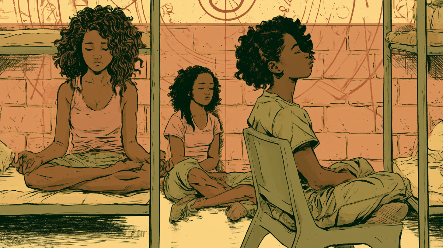 Women sitting in individual stillness throughout the prison dorm