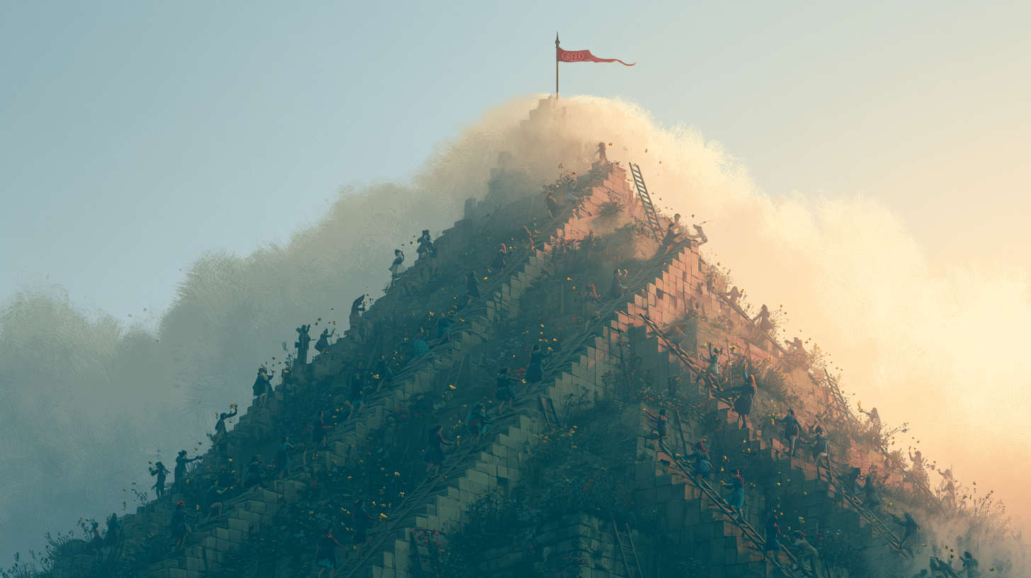 A stepped pyramid of women climbing staircases beneath a red GREED pennant